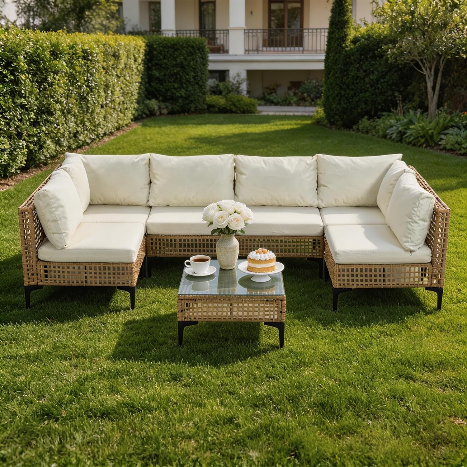 7피스 야외 파티오 가구, 전천후 위커 라탄 섹셔널 대 - Outdoor Furniture Luxury 리뷰 및 가격