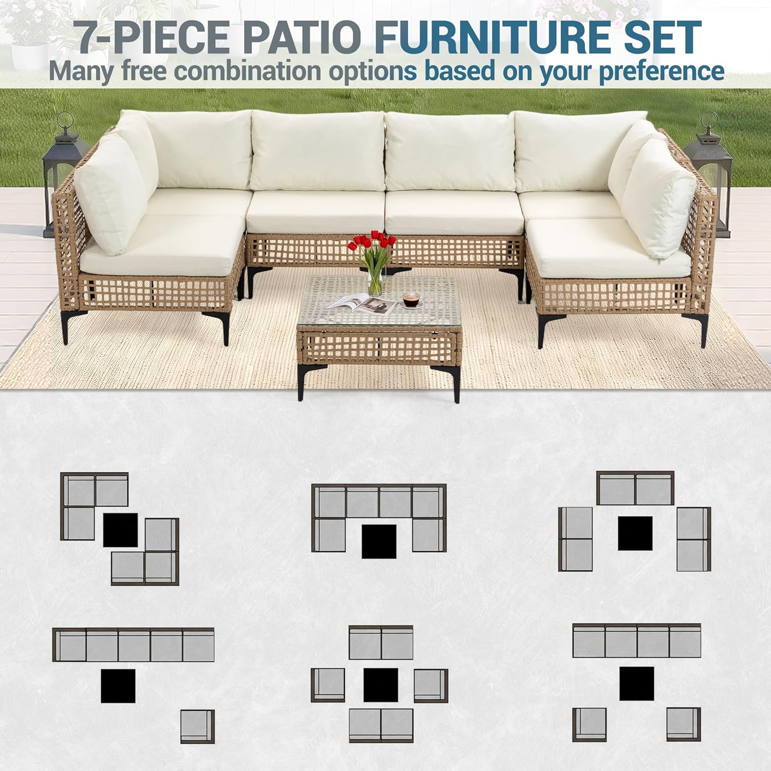 7피스 야외 파티오 가구, 전천후 위커 라탄 섹셔널 대 - Outdoor Furniture Luxury 리뷰 및 가격